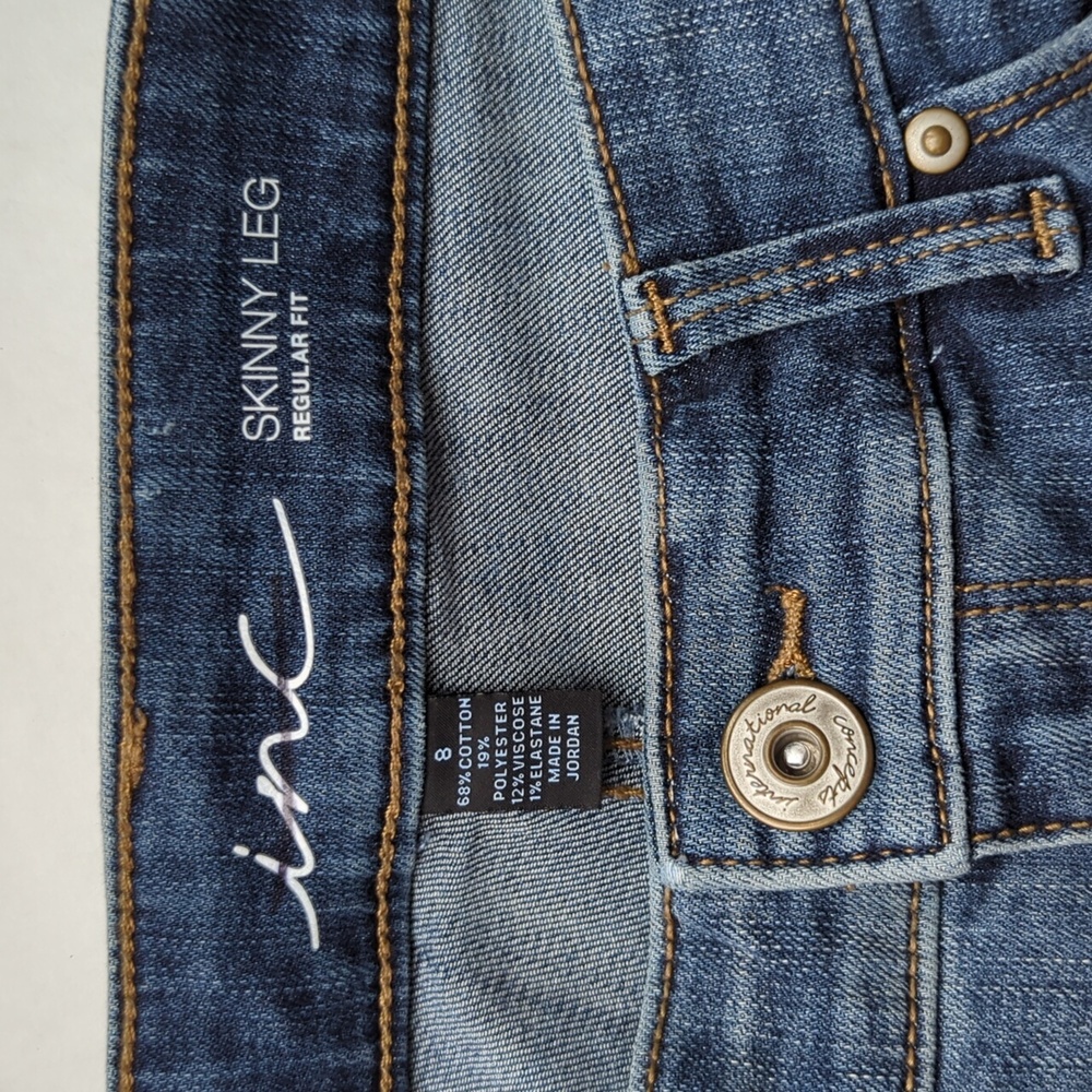 INC Patchwork Regular Fit Skinny Leg Raw Hem Distressed Denim Jeans 8 Blue - Picture 3 of 16